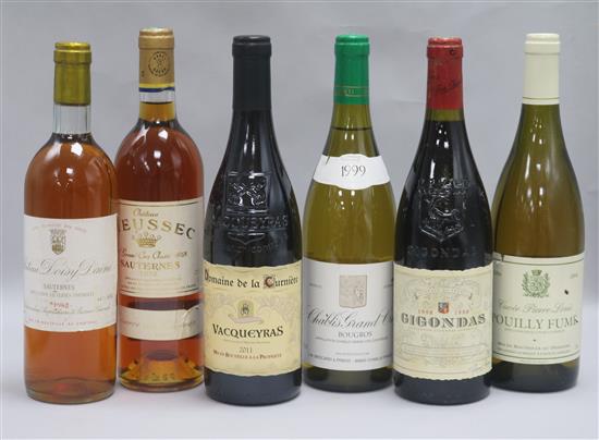 Four assorted white wines including Rieussec, Sauternes, 1978 and Chateau Doisy Daene, 1982 and two reds, Gigondas and Vacqeyras.